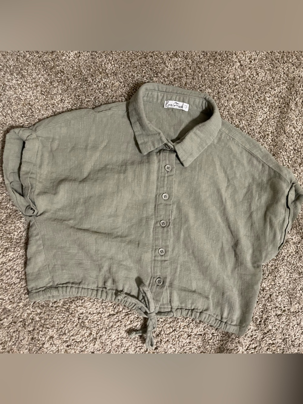 Button-Front Olive Green Crop Shirt with Tie Hem
